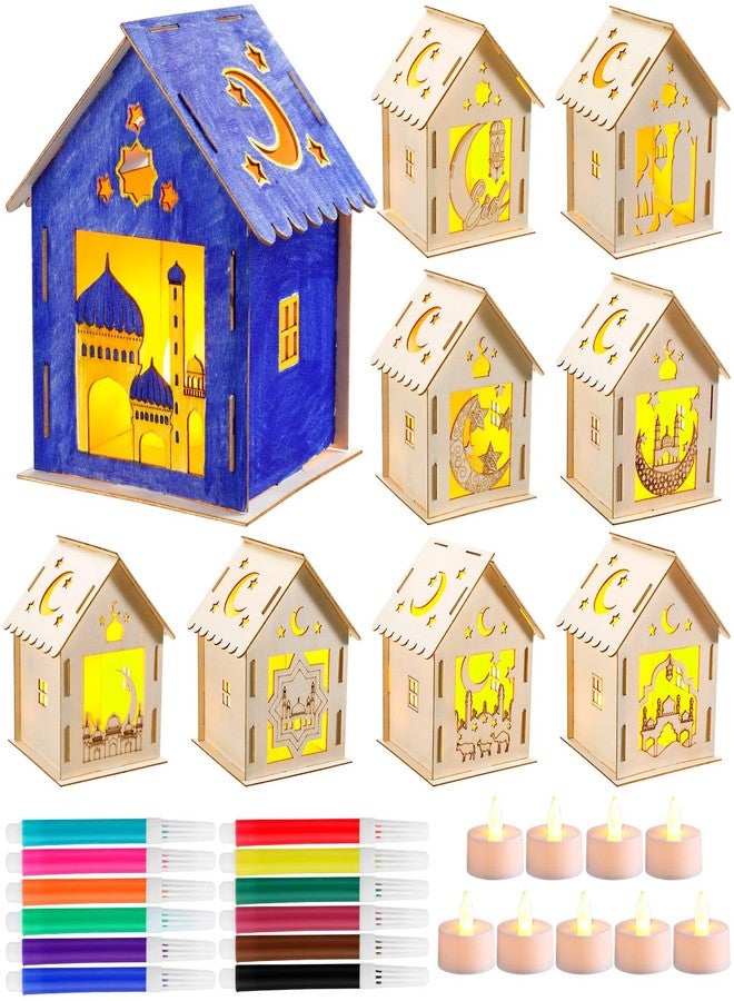 Lineshading 9 Pcs Eid Mubarak Wooden House with 12 Watercolor Pens and 9 LED Flameless Tealight Candles DIY Luminous Graffiti Crafts Ramadan Decorations Wooden Eid Houses for Kids Paint Party Supplies - Image 1